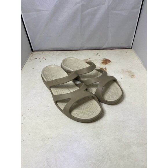 Crocs Shoes - Crocs Womens tan brown Rubber Sandals Slip On Wedge Slides Shoes Sz 10